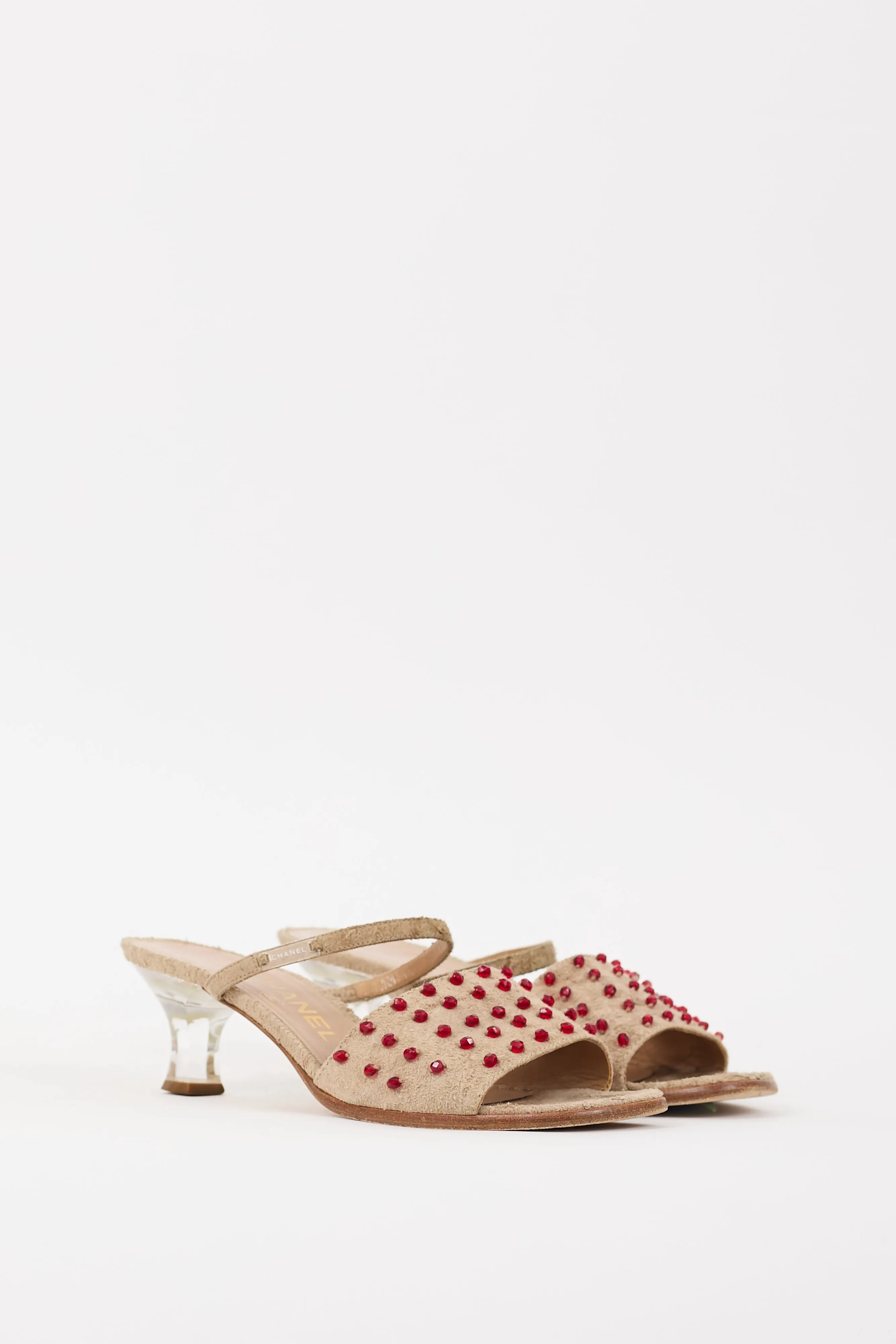 Beige & Red Suede Embellished Sandal