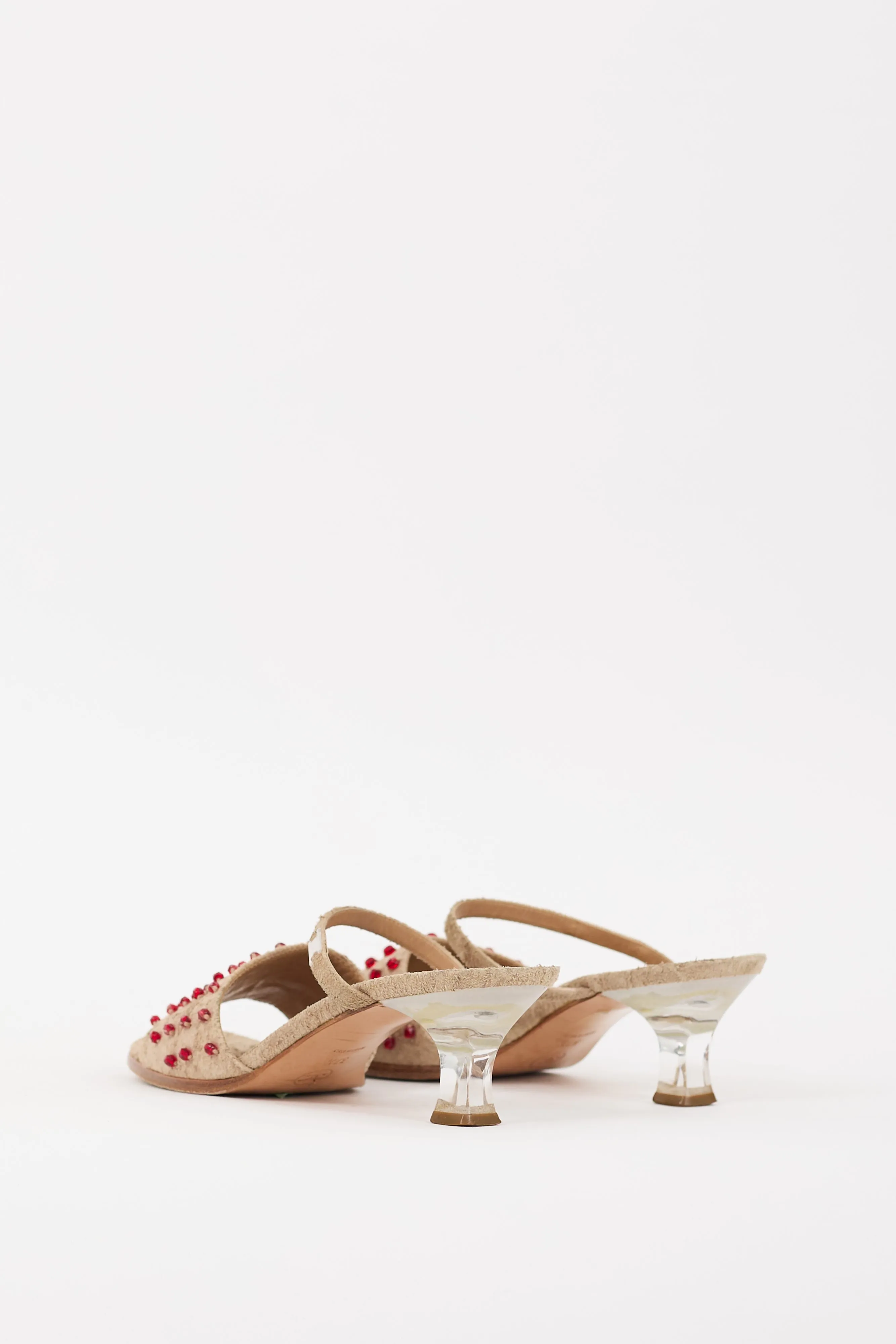 Beige & Red Suede Embellished Sandal
