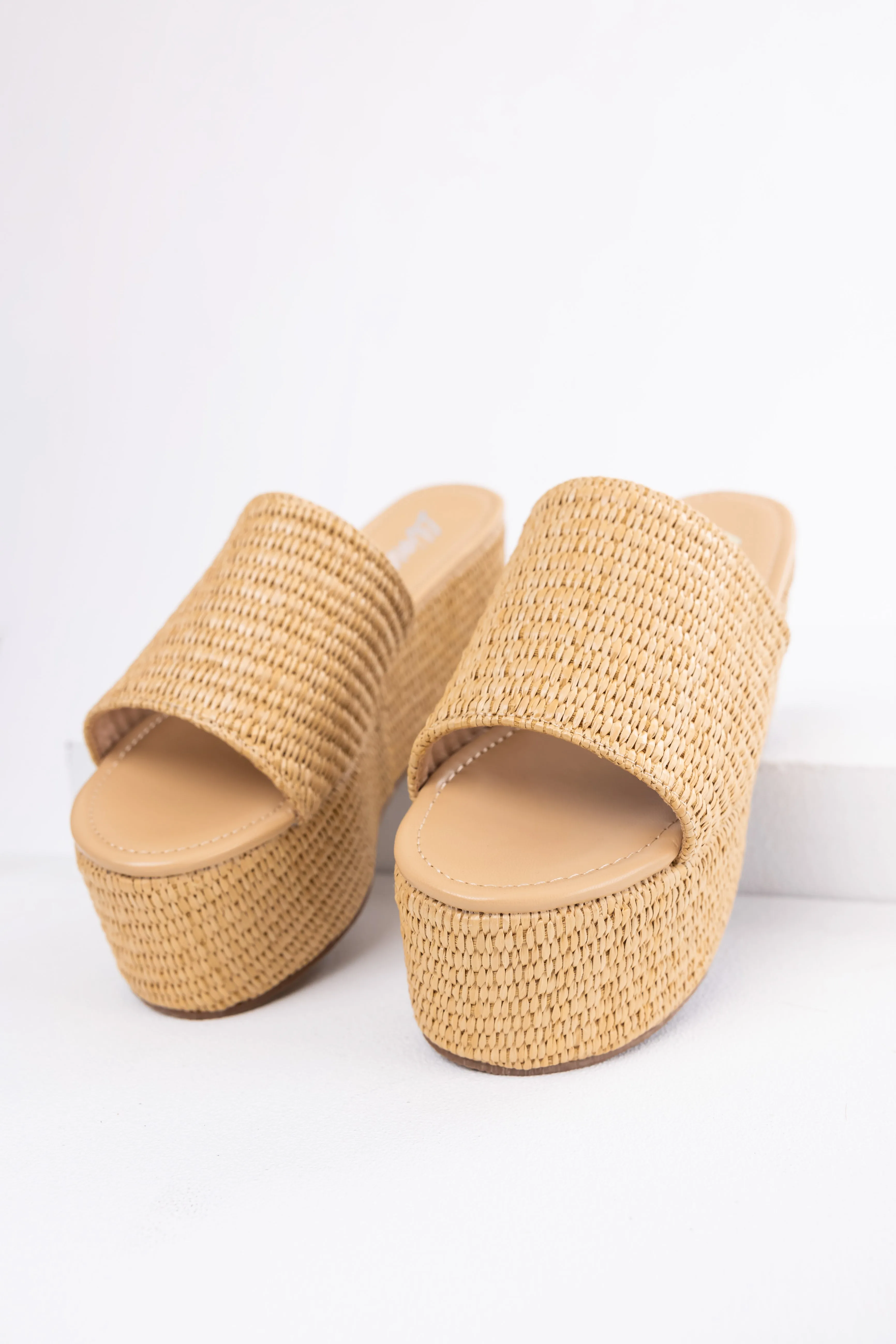 Beige Raffia Woven Platform Slide Sandals