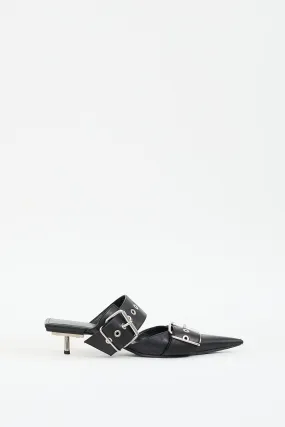 Black Leather Buckled Pointed Toe Mule