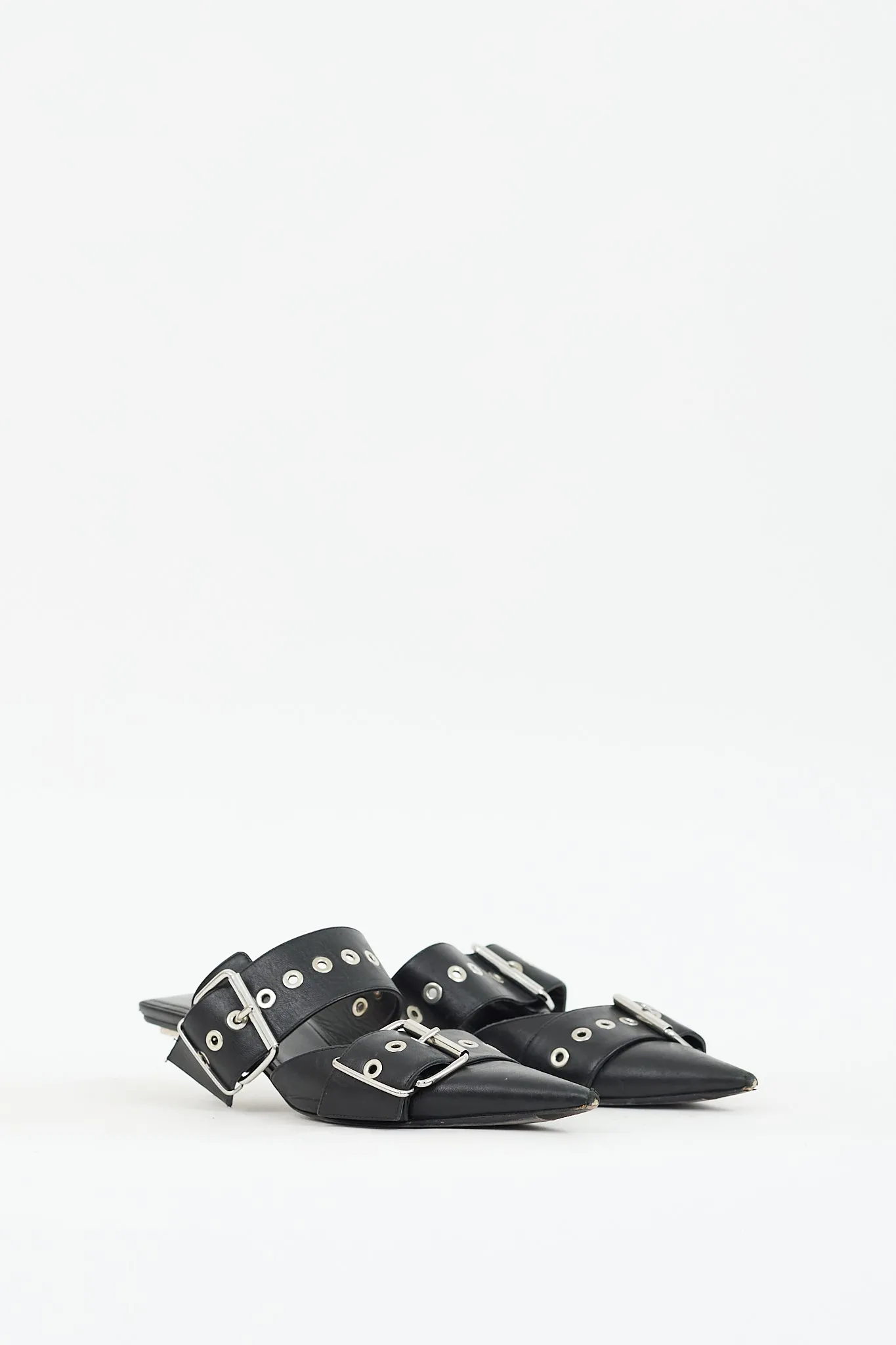 Black Leather Buckled Pointed Toe Mule