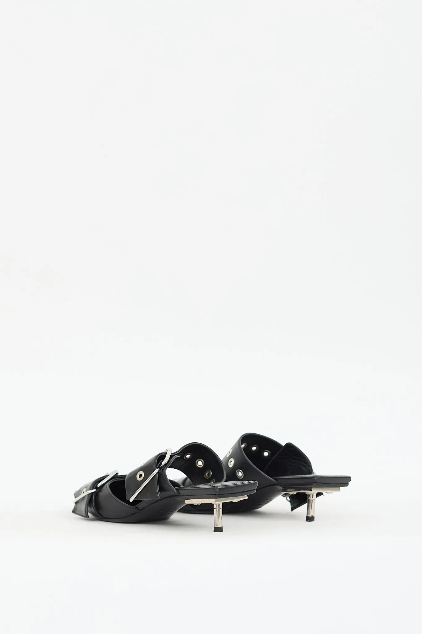 Black Leather Buckled Pointed Toe Mule