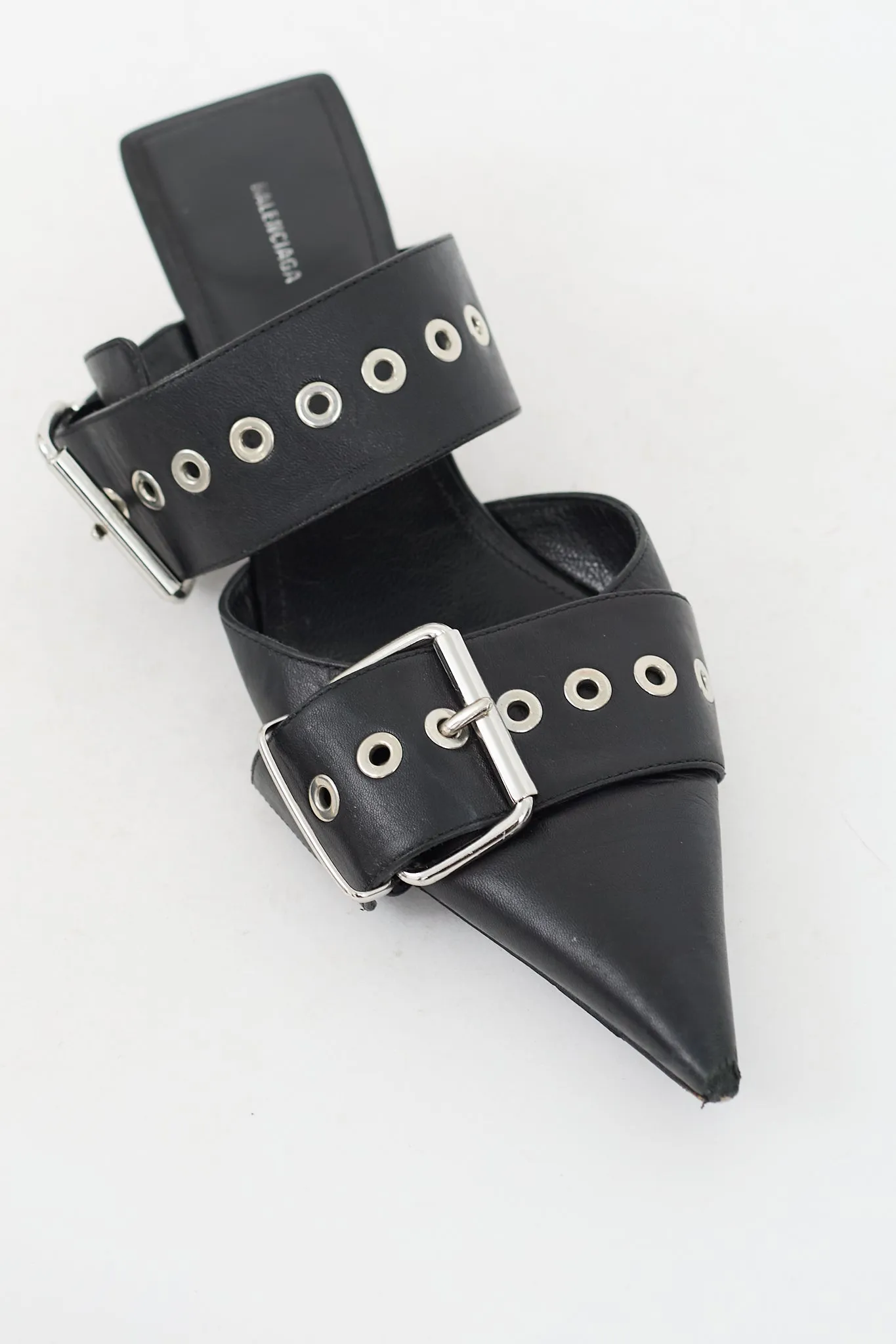 Black Leather Buckled Pointed Toe Mule