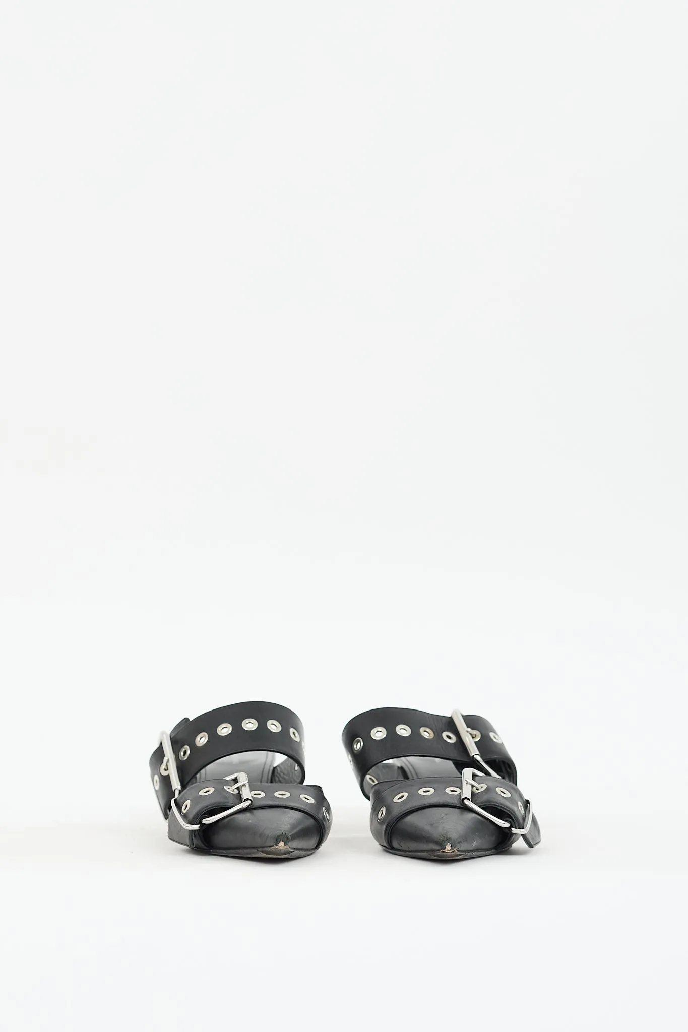 Black Leather Buckled Pointed Toe Mule