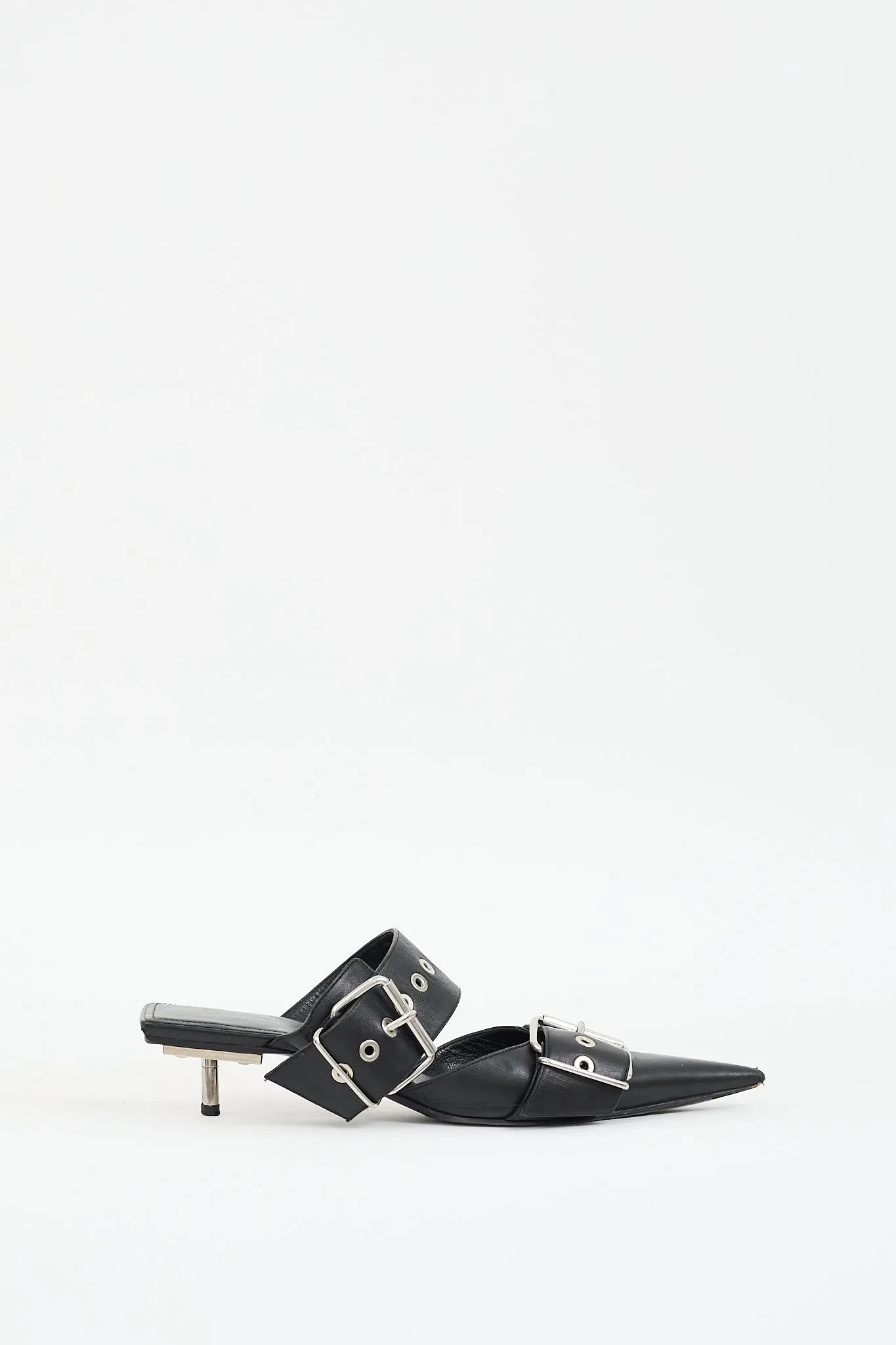 Black Leather Buckled Pointed Toe Mule