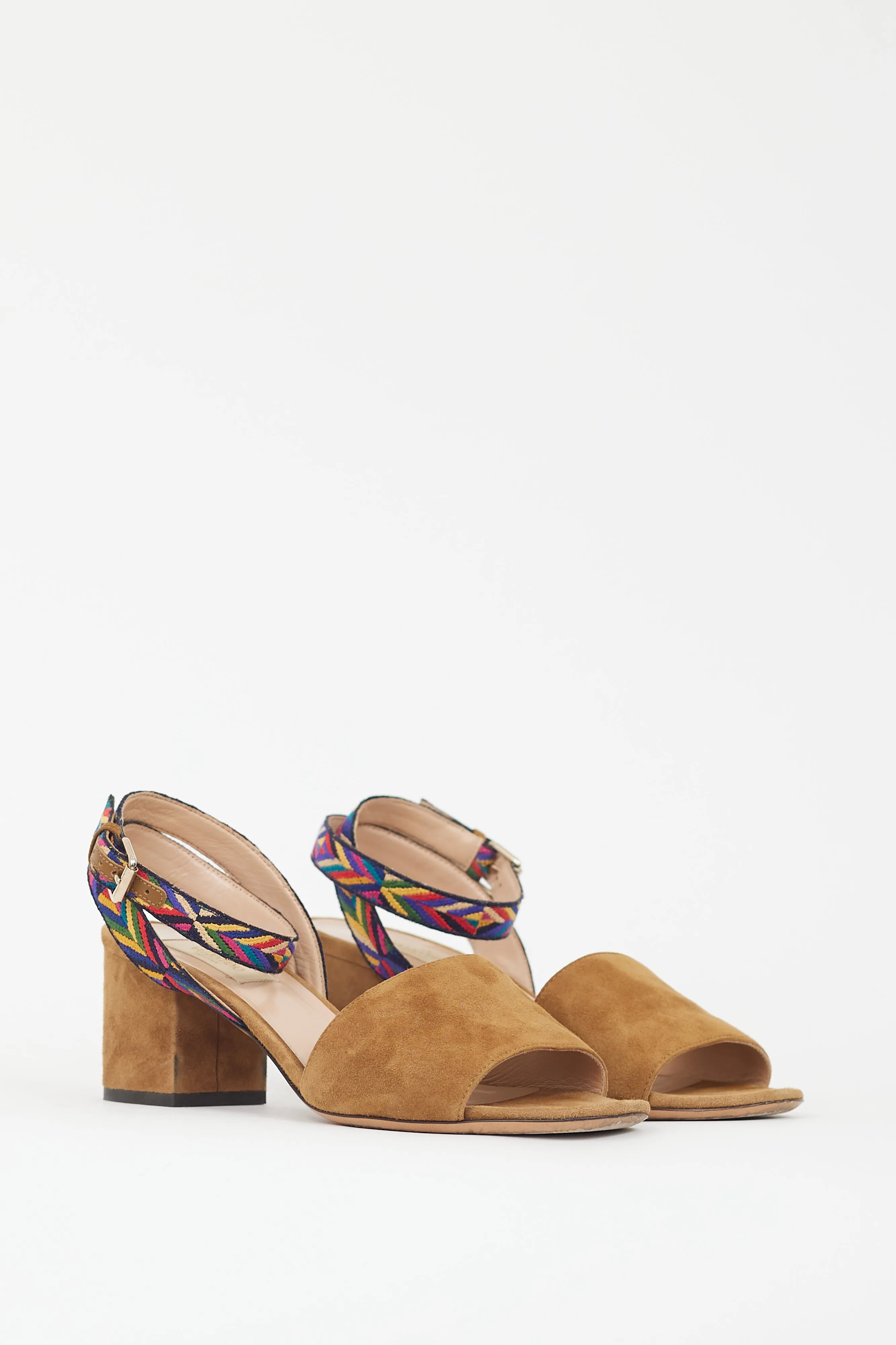 Brown & Multicolour Embroidered Strap Heel