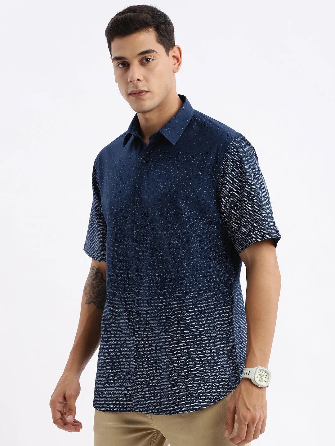 Men Spread Collar Printed Slim Fit Navy Blue Shirt