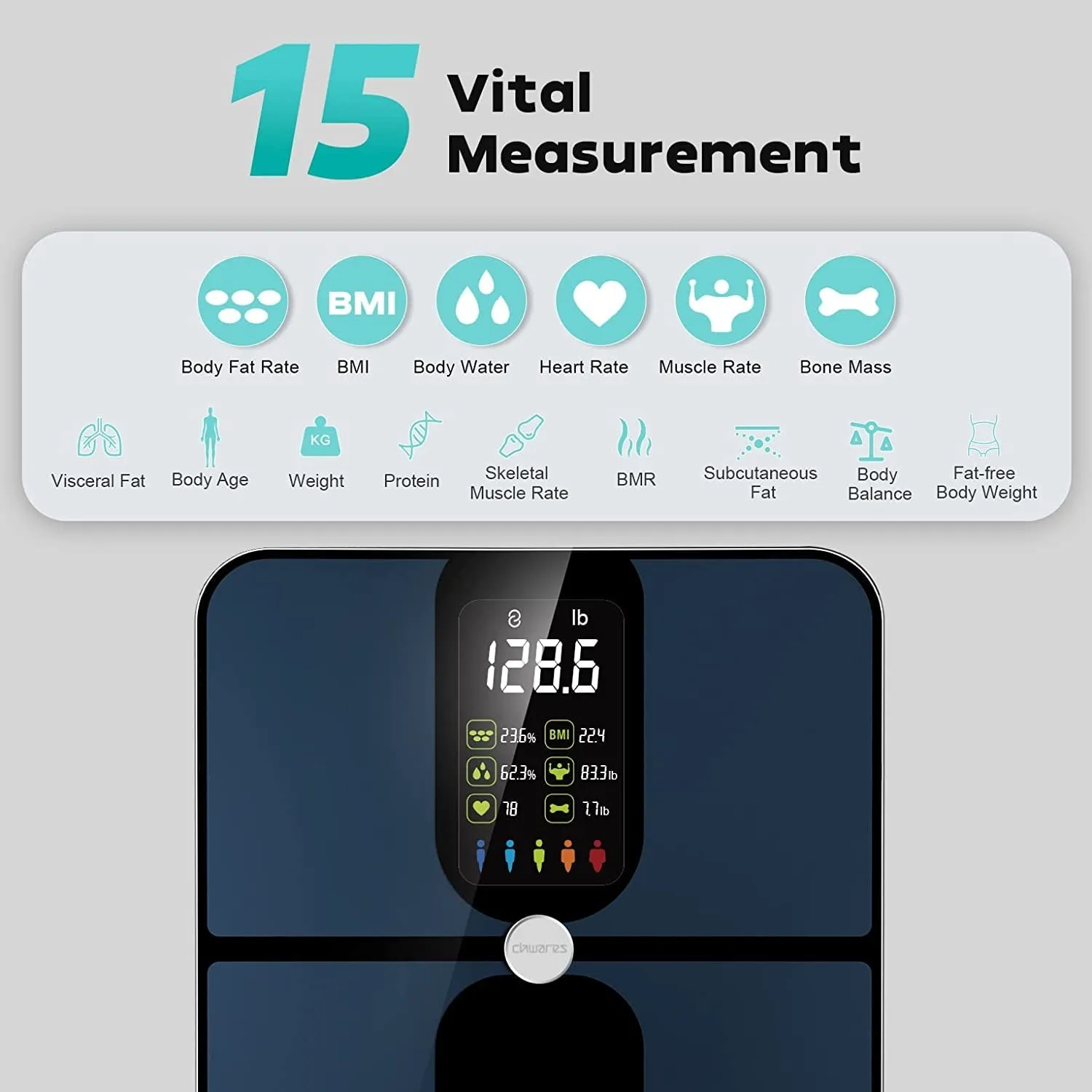 Scale for Body Weight, CHWARES Rechargeable Weight Scale with Large LCD Display, Smart Digital Bathroom Scale with Body Fat 15 Metrics Body Composition Analyzer for BMI Heart Rate 400Lbs, Black