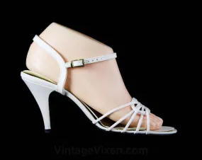 Size 6.5 White Sandals - Sexy Strappy 1970s Shoes - 6 1/2 - White 70s Ankle Strap Heels - Open Toe - Deadstock Shoe - 48089-1