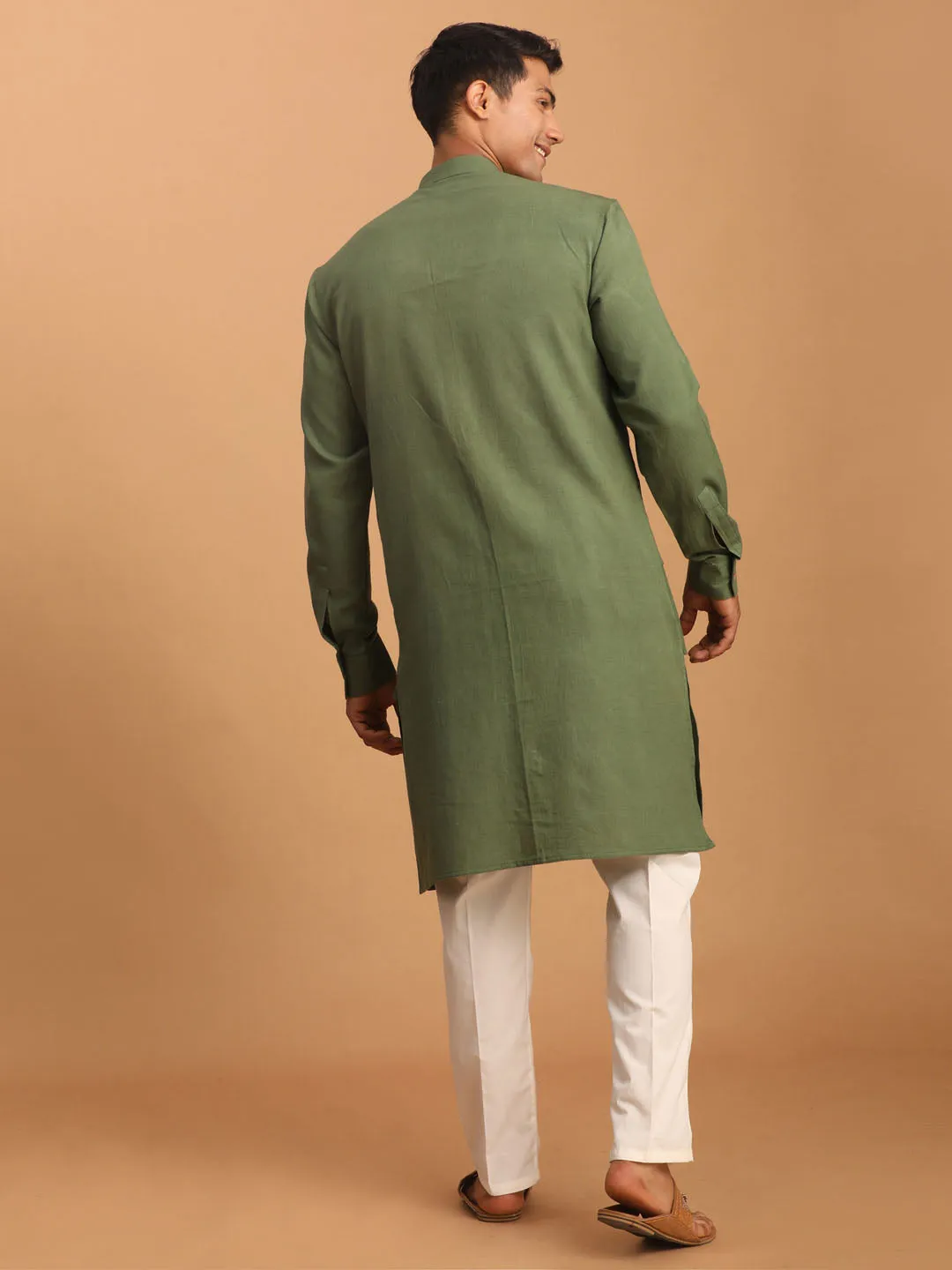 VASTRAMAY Green Cotton Kurta with Cream Pant