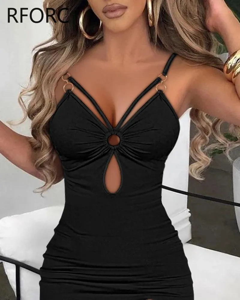 Women Solid O-ring Decoration Spaghetti Straps