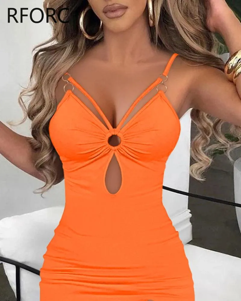Women Solid O-ring Decoration Spaghetti Straps