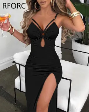 Women Solid O-ring Decoration Spaghetti Straps